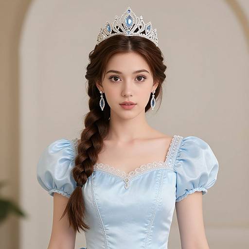 Photograph of a young woman with fair skin and dark brown hair in a braid, wearing a silver tiara, blue satin dress, and diamond