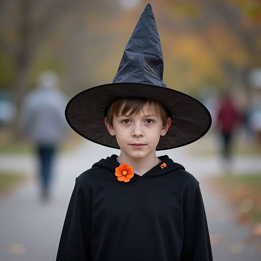 Photograph of a young boy in a black witch hat and cloak with an orange flower, standing on a blurred autumn pathway.
