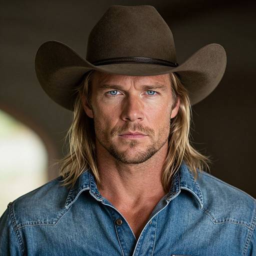Photograph of a muscular, blonde-haired man with blue eyes, wearing a brown cowboy hat and blue denim shirt, looking serious.