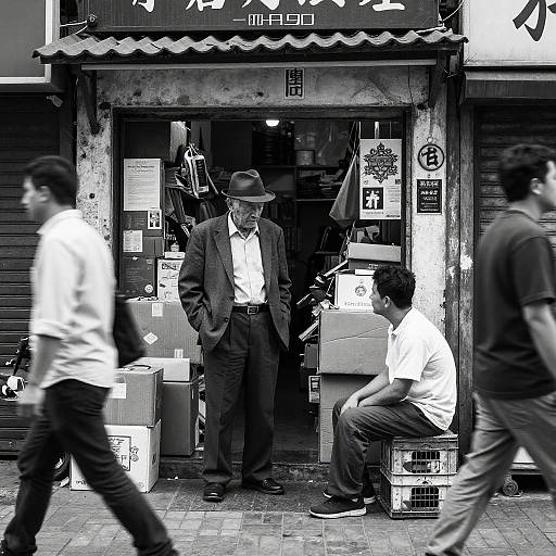 Gritty Black-and-White Street Shop Scene