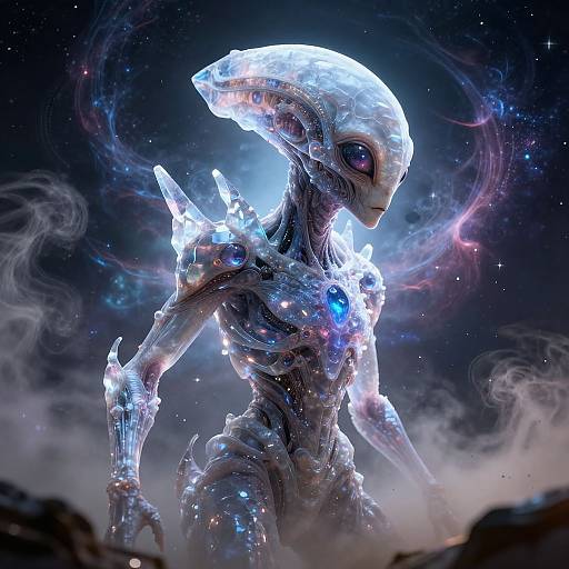 Crystalline Multi-Eyed Alien in Cosmic Scene