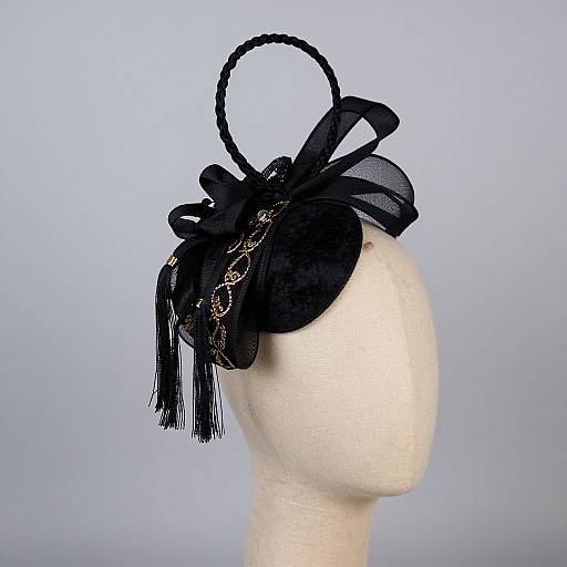 Photograph of a black, lace and ribbon fascinator with gold accents and tassels, displayed on a white mannequin head against a light