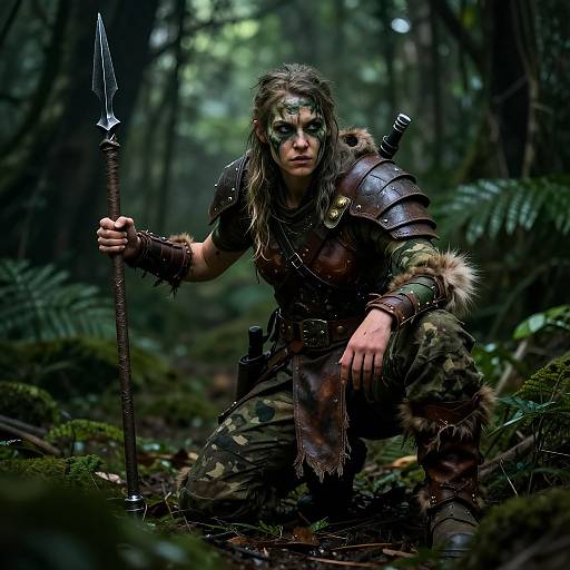 Photorealistic digital painting of a fierce, green-faced warrior with long hair, wearing armor and camo, crouching in a dark, moss