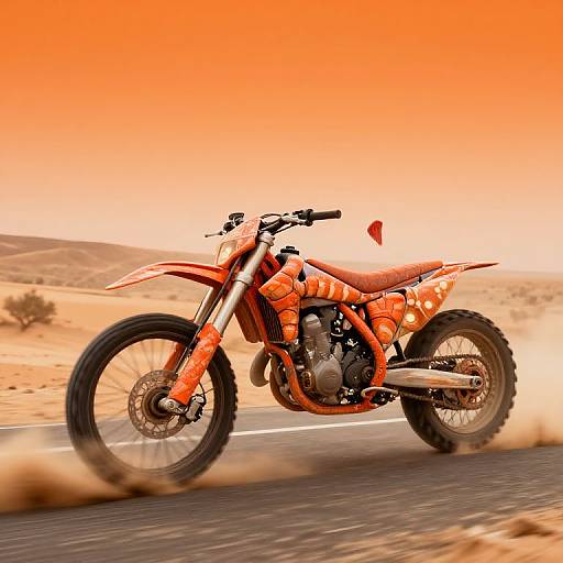 Photograph of a vibrant orange off-road motorcycle with black tires, speeding through a desert landscape under a vivid orange sunset sky.