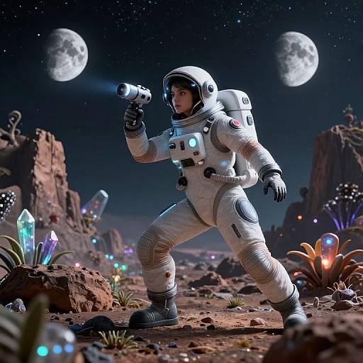CGI image of a white-suited astronaut with a helmet, holding a flashlight, exploring a colorful, rocky alien landscape under a starry night sky