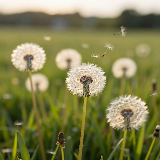 Photograph of dandelions in a sunny meadow; one prominent dandelion in focus, white seeds blowing away, blurred green background.