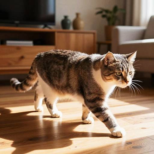 Confident Tabby Cat in Cozy Living Room
