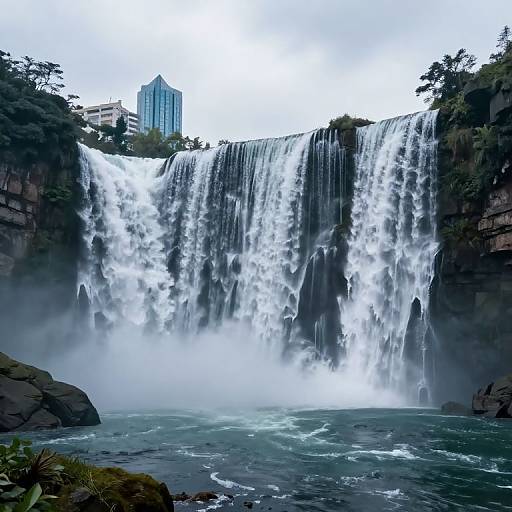 Photograph of a powerful waterfall cascading into a misty pool, surrounded by lush greenery, with a modern skyscraper in the background under a