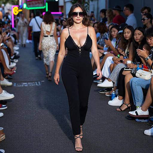Photograph of a confident woman with dark hair, wearing black, deep V-neck jumpsuit and sunglasses, strutting down a city street runway, surrounded