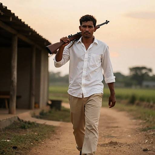 Man with Rifle on Rustic Path