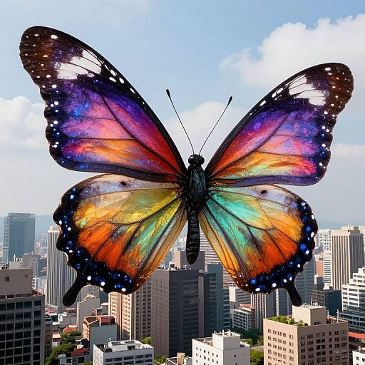 Giant, vibrant butterfly with multicolored wings (orange, blue, purple) soaring over a cityscape of tall buildings under a bright blue sky