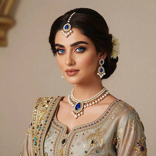 Photograph of a fair-skinned woman with blue eyes, black hair in an updo, wearing ornate gold and blue traditional attire, pearl and