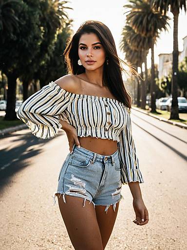Woman in Distressed Denim Shorts and Striped Off-Shoulder Top