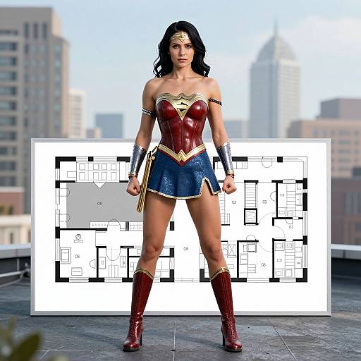 Photograph of Wonder Woman standing on rooftop, wearing red corset, blue skirt, gold tiara, and red boots, with floor plan overlay.
