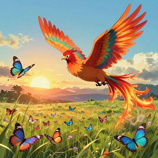 Vibrant digital illustration of a fiery phoenix with multicolored feathers, soaring above a grassy field filled with colorful butterflies, at sunset.