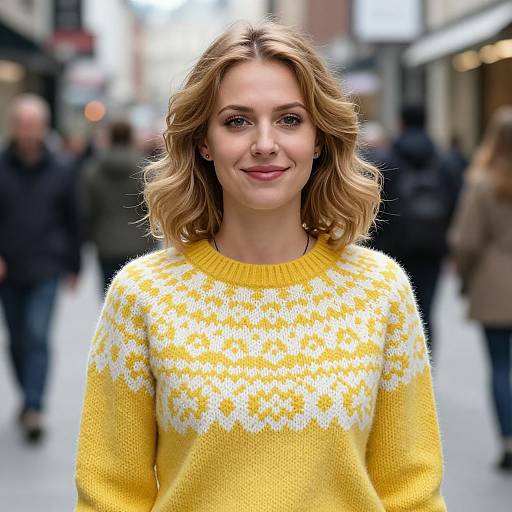 Photograph of a smiling blonde woman with wavy hair, wearing a yellow sweater with white star patterns, standing in a busy urban street. Blurred