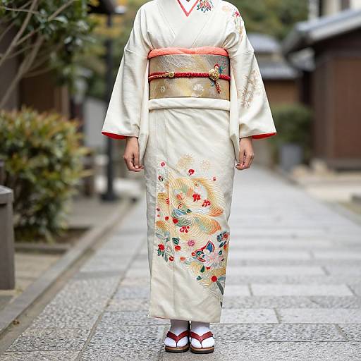Photograph of a person in a white kimono with vibrant floral embroidery, red sash, and white sandals, standing on a traditional Japanese street.
