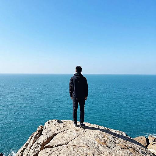 Photograph of a person in a black jacket and pants standing on a rocky cliff, facing a vast, clear blue ocean under a bright sky.