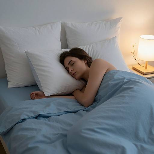 Photograph of a young woman with brown hair sleeping on a bed with white pillows and blue sheets, illuminated by a soft bedside lamp.