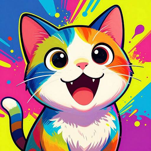 Vibrant digital illustration of a happy, multicolored cat with large, shiny eyes, open mouth, and rainbow fur against a colorful splatter