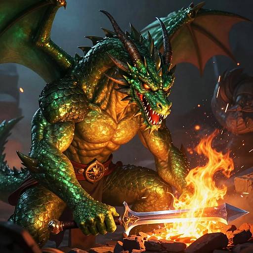 Digital illustration of a muscular, green-scaled dragon with glowing green and yellow scales, roaring while holding a sword over a fiery pit. Dark, sm