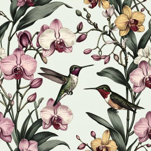 Vintage Orchids and Hummingbirds Illustration