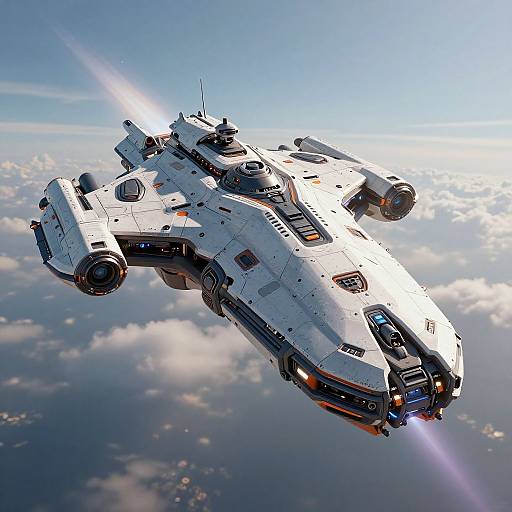 Photorealistic CGI of a white, futuristic spaceship with blue and orange accents, firing a laser, soaring above a cloud-covered Earth.