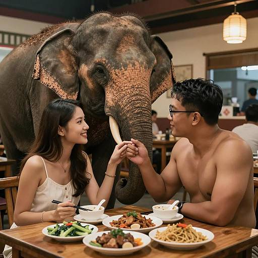 Couple Dining with Elephant in Chinese Restaurant