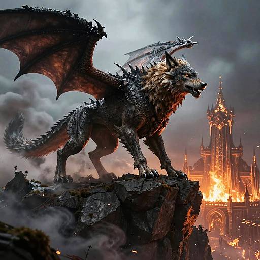 Digital fantasy artwork of a fierce, black dragon with red accents standing on a rocky cliff, overlooking a burning, medieval castle.