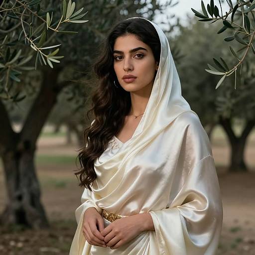 Photograph of a beautiful Middle Eastern woman with long, wavy black hair, wearing a white, silky, hooded robe, standing in an olive