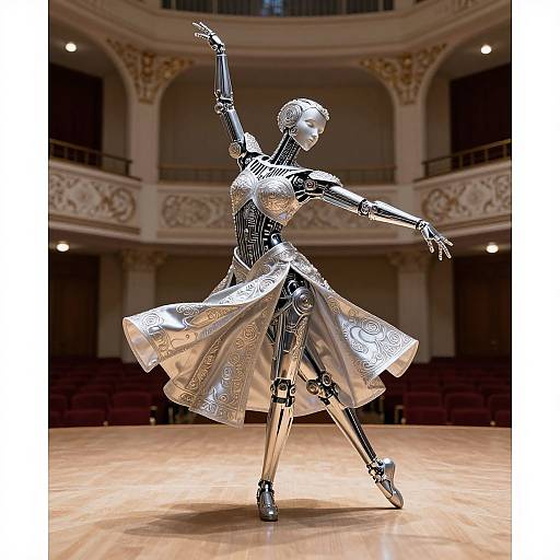 Photograph of a robotic ballerina with silver, ornate dress dancing in an elegant, grand theater with ornate balconies and wooden floor.