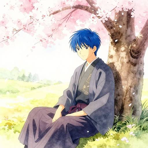 Digital anime-style drawing of a blue-haired boy in a traditional Japanese kimono, sitting against a cherry blossom tree, with a serene, sunlit me