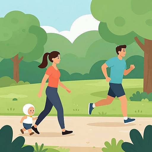 Digital illustration of a family jogging in a park: mother in orange top and blue pants, father in blue shirt and black shorts, baby in white and