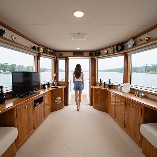 Woman Exploring Luxurious Yacht Lounge