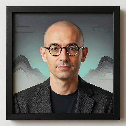 Photograph of a bald, middle-aged man with glasses, wearing a black suit over a black shirt, framed with abstract mountain background.