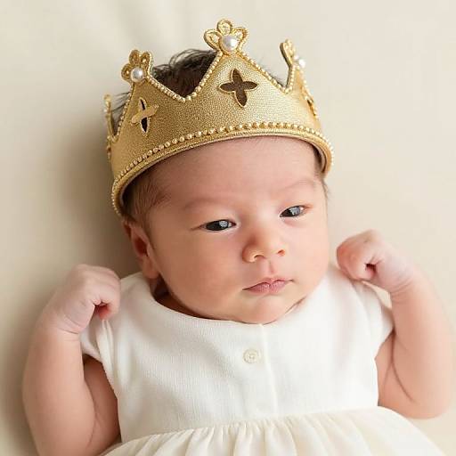Photograph of a baby with light skin, dark hair, wearing a gold crown and white sleeveless dress, lying against a white background.
