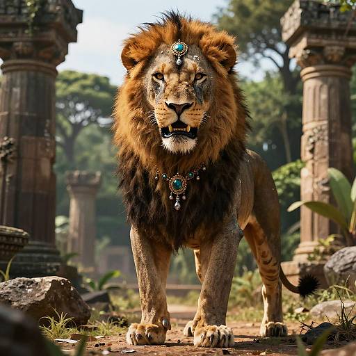 Photorealistic CGI of a majestic lion with a golden mane, adorned with turquoise jewelry, standing regally between ancient, weathered stone columns in a