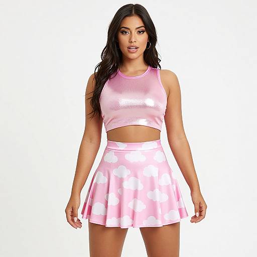 Photograph of a woman with long black hair, wearing a pink shiny crop top and matching pleated skirt, standing against a white background.