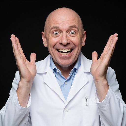 Photograph of a bald, middle-aged man with wide eyes, smiling, and hands raised in a 