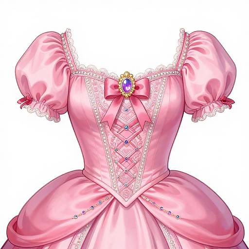 Digital illustration of a pink, Victorian-style dress with puffed sleeves, lace trim, diamond-patterned bodice, purple gem brooch, and ribbon