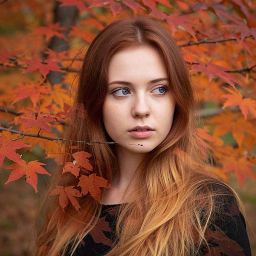 Photograph of a fair-skinned young woman with long, auburn hair and blue eyes, surrounded by vibrant autumn leaves, wearing a black top