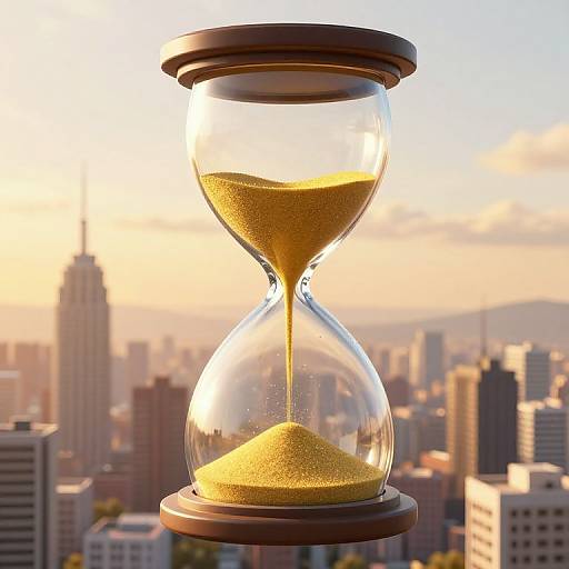 Photograph of a glass hourglass with golden sand against a sunset cityscape background, featuring skyscrapers and a clear sky.