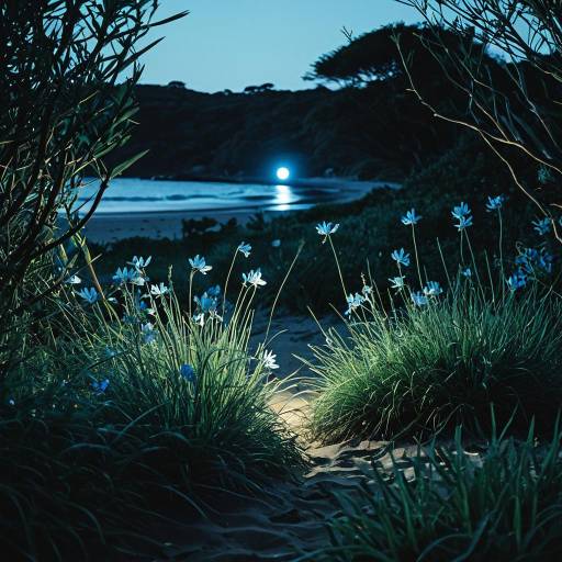 Enchanted Coastal Scene with Glowing Flowers