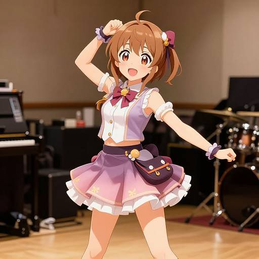 Anime-style digital illustration of a cute, brown-haired girl in a purple and white outfit, performing energetically in a music studio with drums and equipment
