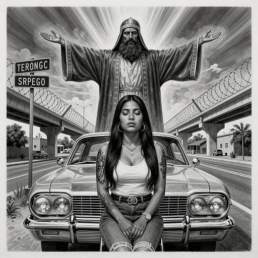 Chicano Art Woman with Guardian Figure