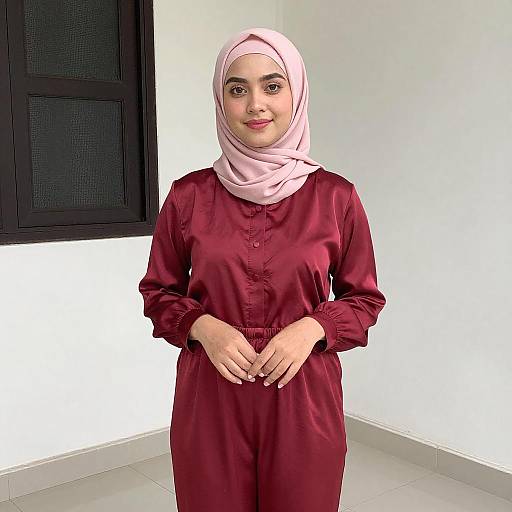 Young Woman in Pink Hijab and Satin Jumpsuit