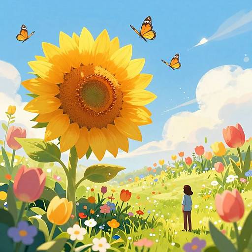 Whimsical Garden with Radiant Sunflower