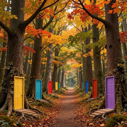 Photograph of a forest path lined with tall trees, vibrant yellow, blue, red, and purple doors, surrounded by autumn leaves.