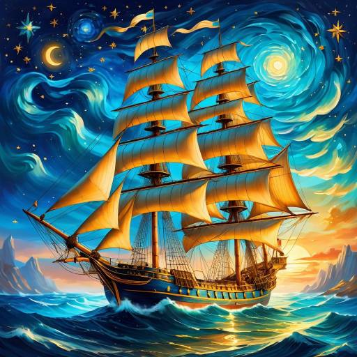 Sailing Ship Under Starry Fantasy Sky