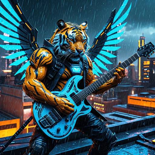 Cybernetic Tiger Playing Electric Guitar on Rainy Rooftop Cybernetic Tiger Playing Electric Guitar on Rainy Rooftop